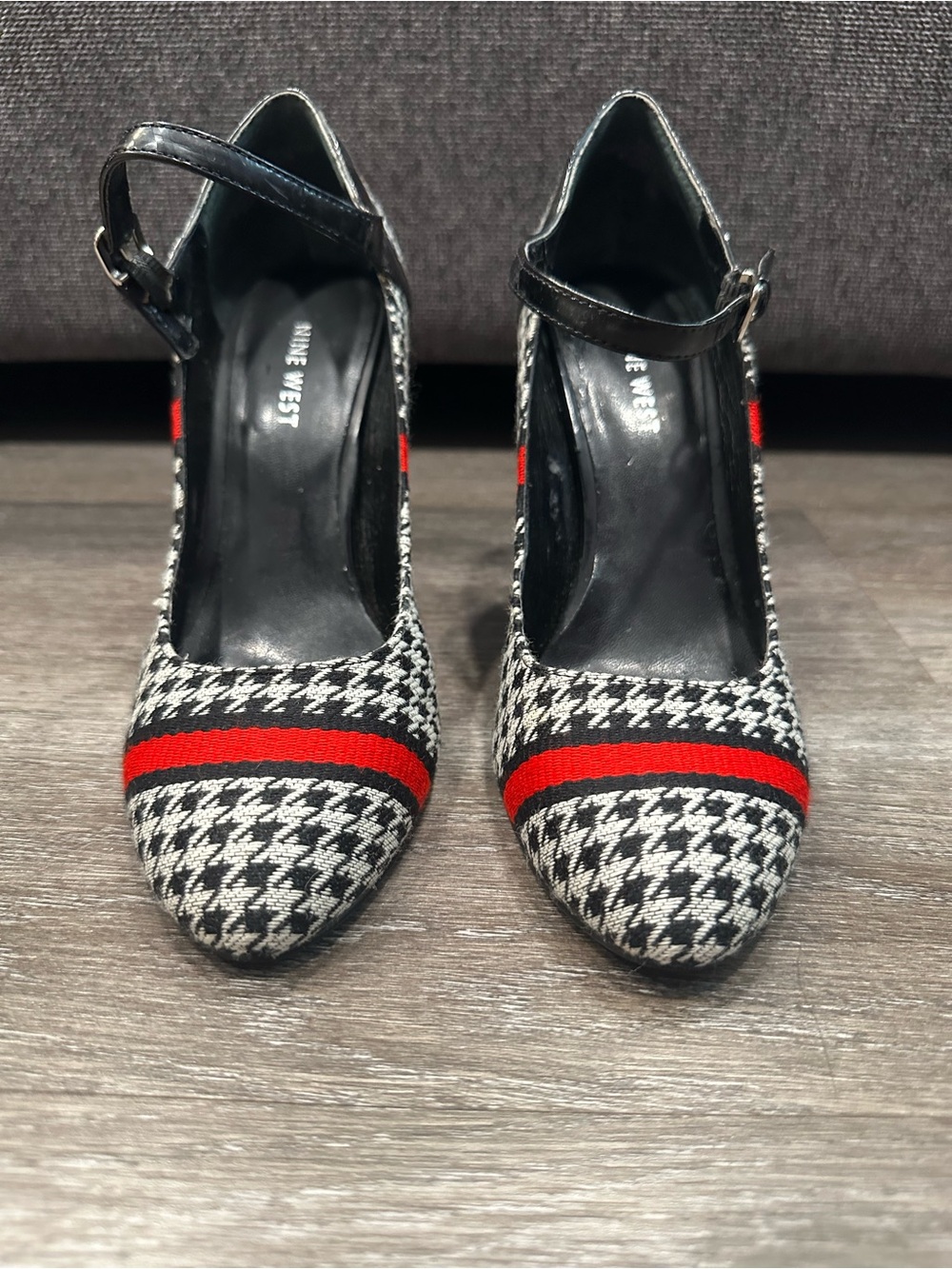 Nine West Women's Houndstooth Ankle-Strap Pump in Black & Red Size7M